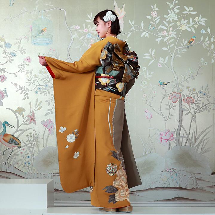 振袖単体■丈163.5cm■成人式■カラシ色 正絹 色無地 良好 IS04 振袖単体□丈163.5cm□成人式□カラシ色 正絹 色無地 良好