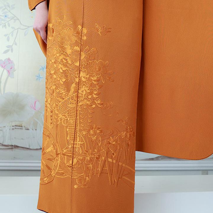 振袖レンタル 成人式 高級正絹 FS-811 無地 単色 刺繍 金茶色 御所車