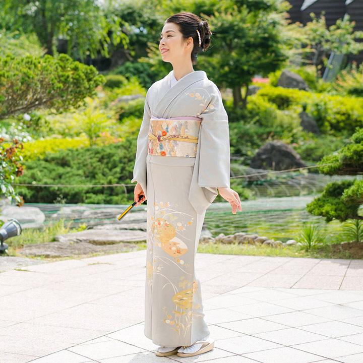 レンタル フルセット 夏用 単衣 訪問着 HEHO-MI068 白鼠色 蛤・菊 6月