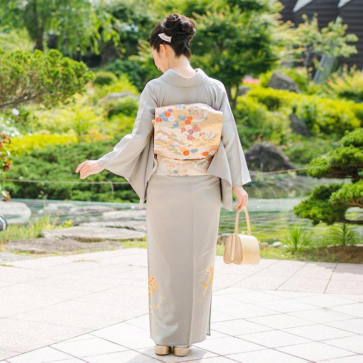 レンタル フルセット 夏用 単衣 訪問着 HEHO-MI068 白鼠色 蛤・菊 6月