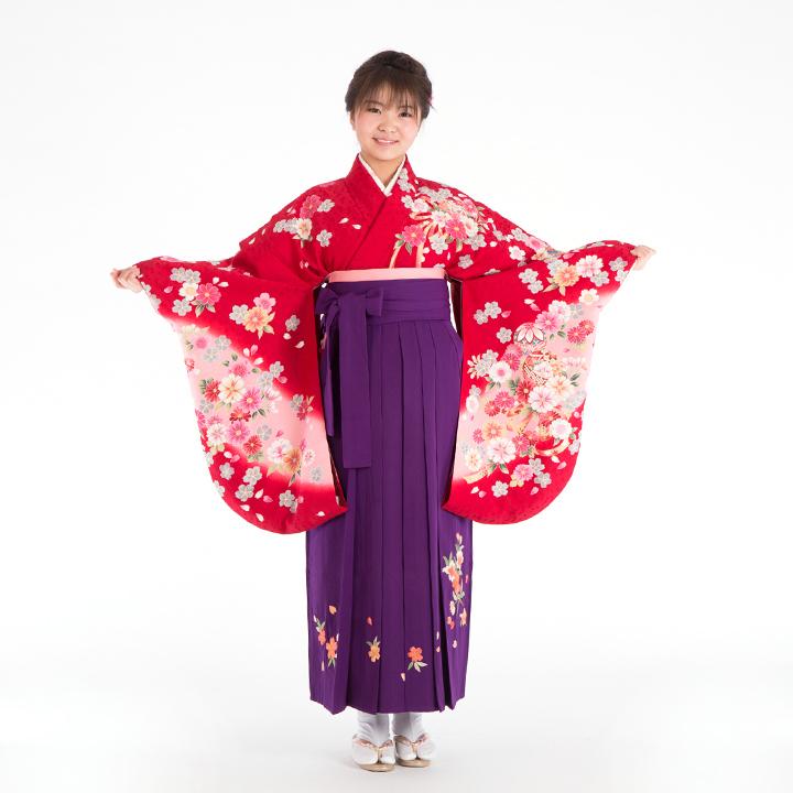 小学生用卒業式袴5点セット 花柄、赤紫の袴さくら刺繍、リバーシブル帯 小学生 卒業式 レンタル 袴 HK-126 赤 紫 フルセットレンタルハカマ
