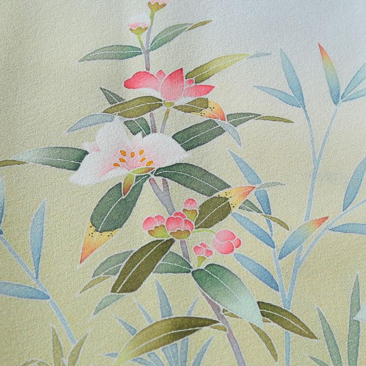 レンタル フルセット 高級正絹 訪問着 HO-FU304 霞色・若草色 椿と菊