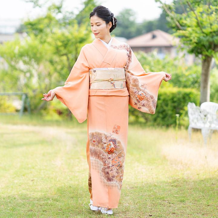 レンタル フルセット 高級正絹 訪問着 HO-FU306 珊瑚色 菊・牡丹 結婚