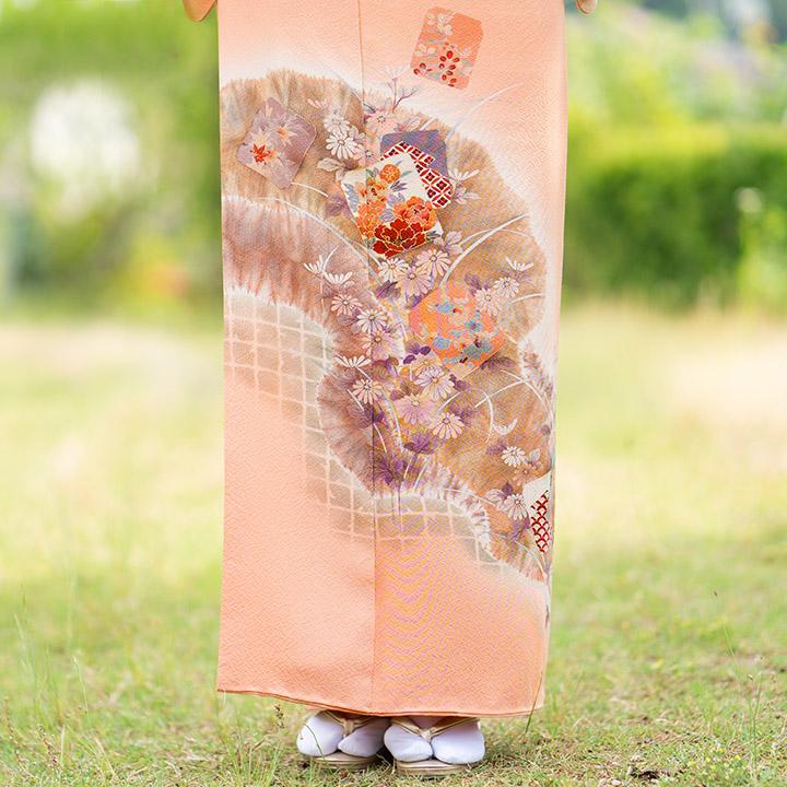 レンタル フルセット 高級正絹 訪問着 HO-FU306 珊瑚色 菊・牡丹 結婚