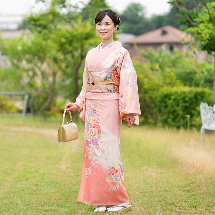 レンタル フルセット 高級正絹 訪問着 HO-FU311 桜色 薔薇・桜・牡丹