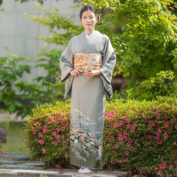 レンタル フルセット 高級正絹 訪問着 HO-FU314 銀鼠色 椿と松 結婚式
