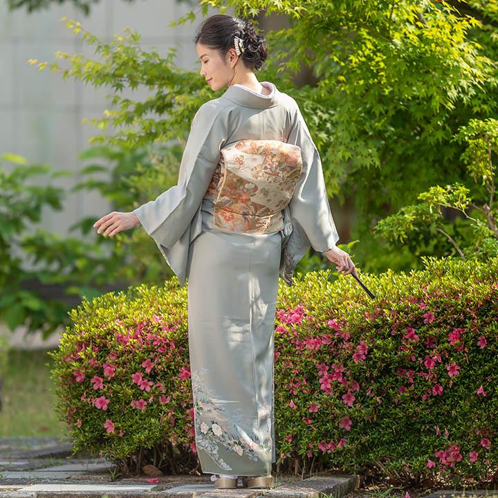 レンタル フルセット 高級正絹 訪問着 HO-FU314 銀鼠色 椿と松 結婚式 