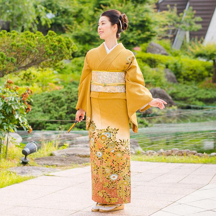 レンタル フルセット 高級正絹 訪問着 HO-FU318 芥子色 辻が花風 レンタル フルセット 高級正絹 訪問着 HO-FU318 芥子色 辻が花風