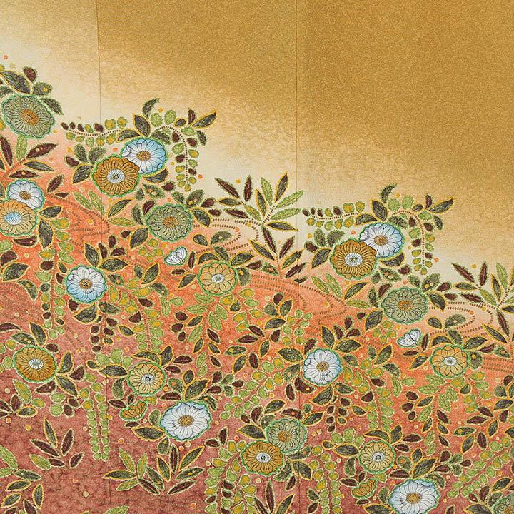 訪問着　紅型　グリーン　ベージュ　黒　珊瑚色　茶　花　B1105 訪問着 紅型 グリーン ベージュ 黒 珊瑚色 茶 花 B1105 【公式通販】