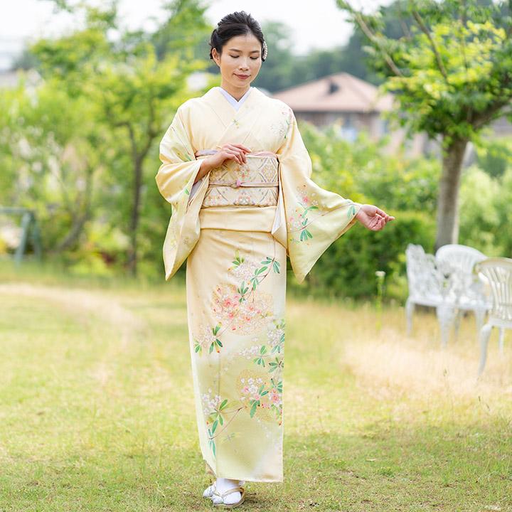 訪問着フルセット　着物　正絹　薄黄色　亀甲模様　未使用　七五三　m2 レンタル フルセット 高級正絹 訪問着 HO-MA598 薄い黄色 桜 結婚式