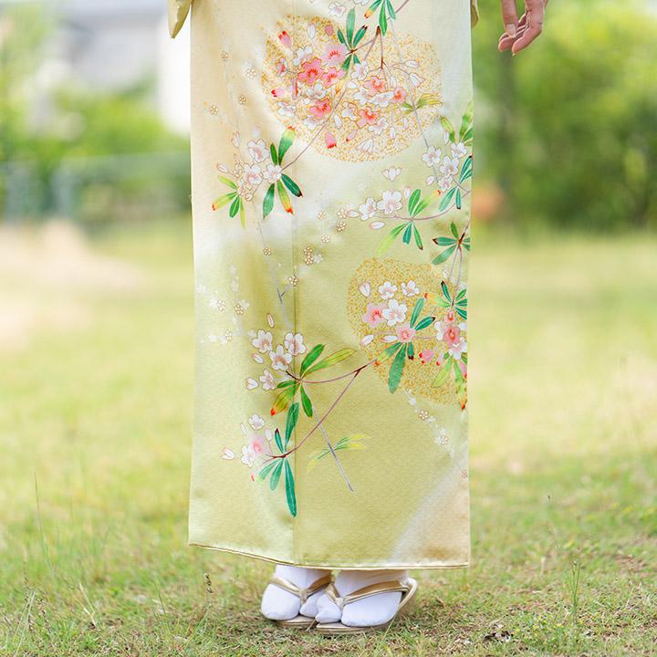レンタル フルセット 高級正絹 訪問着 HO-MA598 薄い黄色 桜 レンタル フルセット 高級正絹 訪問着 HO-MA598 薄い黄色 桜