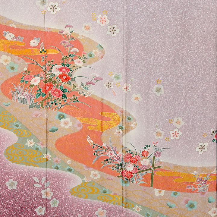 艶と気品をまとう ― 聴色の正絹訪問着フルセット　身丈163 裄丈67 レンタル フルセット 高級正絹 訪問着 HO-MA602 紅藤色 流水に椿