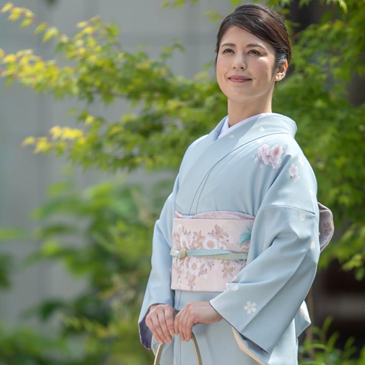 水色　訪問着　花柄 訪問着レンタル｜Japanstyle水色花柄｜【着物レンタルゆきの着付けサロン】