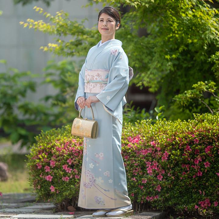 レンタル フルセット 訪問着 HO-MA701 薄い水色 花薬玉と桜 結婚式