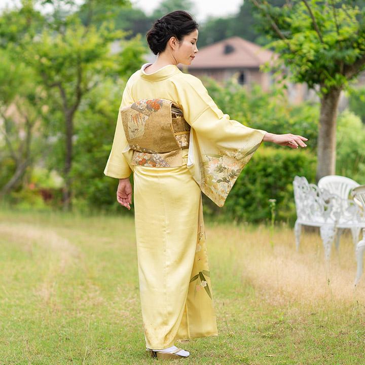 レンタル フルセット 高級正絹 訪問着 HO-MI088 淡黄色 菊・梅・笹