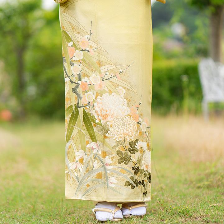 レンタル フルセット 高級正絹 訪問着 HO-MI088 淡黄色 菊・梅・笹