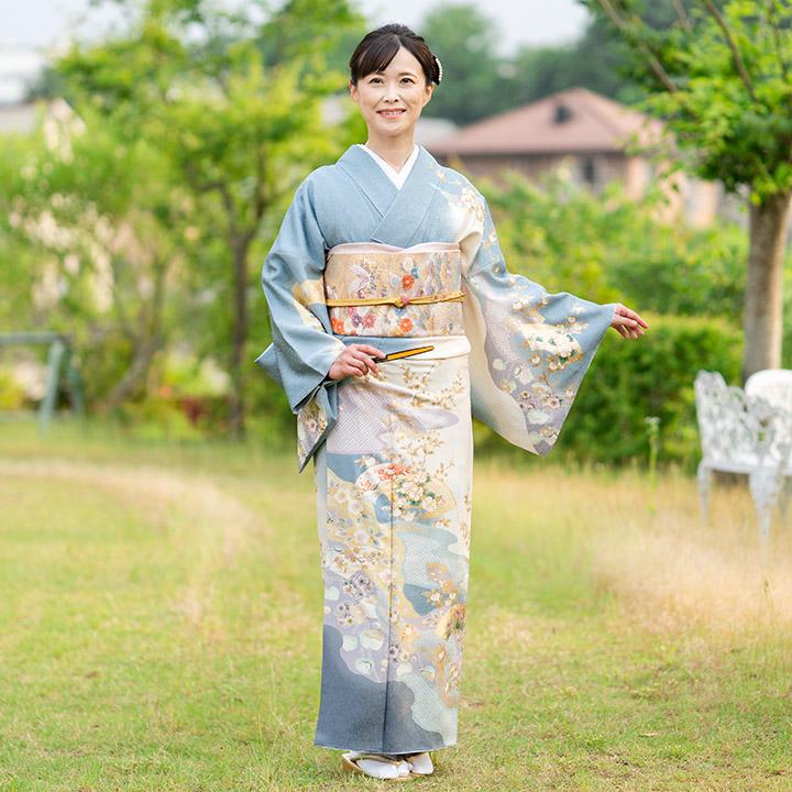 レンタル フルセット 高級正絹 訪問着 レンタル HO-MI102 空色 牡丹 梅  