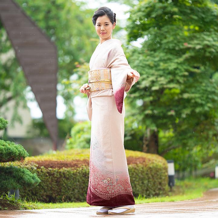 レンタル フルセット 高級正絹 訪問着 HO-MI113 桜色 中虹色 辻が花 