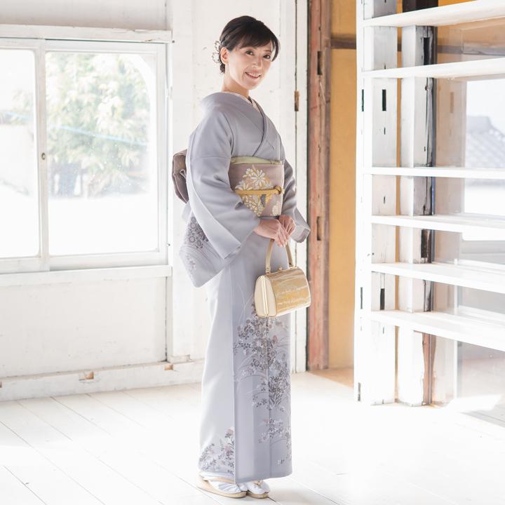 レンタル フルセット 訪問着 HO-MI205P 小町鼠色 菊・桔梗・撫子 結婚