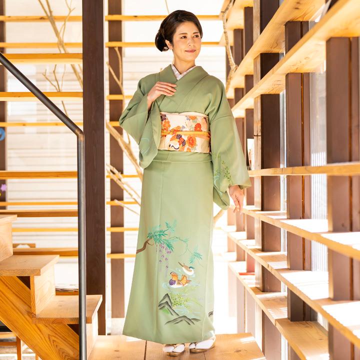 レンタル フルセット 訪問着 HO-MI206P 山葵色 垂れ藤・おしどり 結婚 