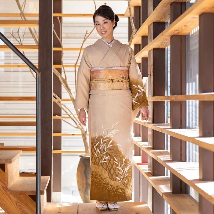 レンタル フルセット 訪問着 HO-MI208P 白橡色 笹・鶴 結婚式 レンタル フルセット 訪問着 HO-MI208P 白橡色 笹・鶴 結婚式