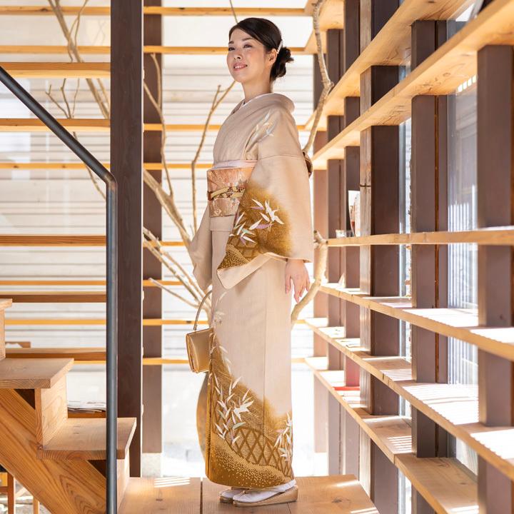 レンタル フルセット 訪問着 HO-MI208P 白橡色 笹・鶴 結婚式 レンタル フルセット 訪問着 HO-MI208P 白橡色 笹・鶴 結婚式