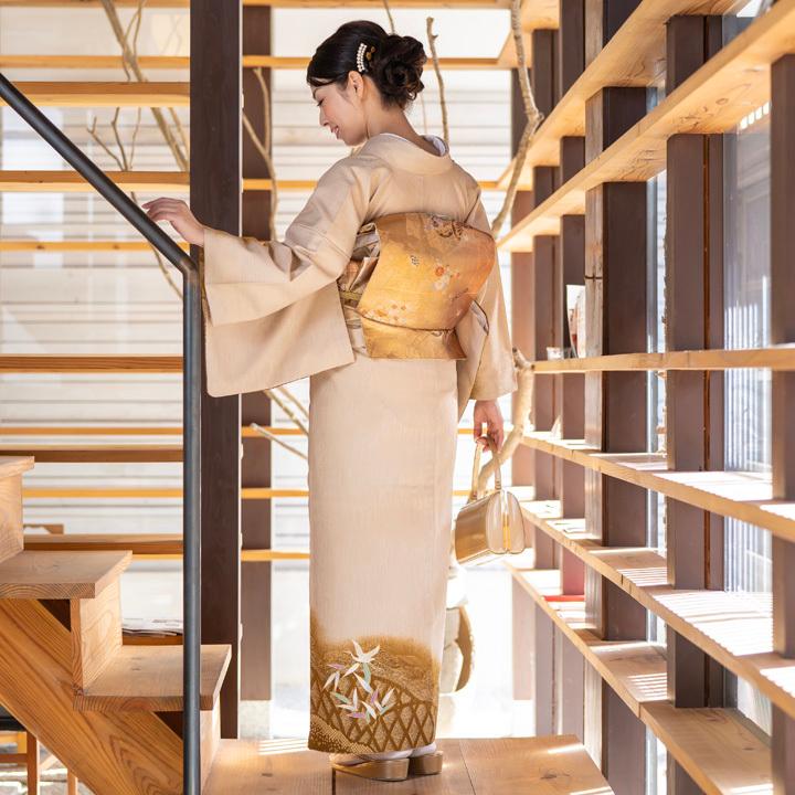 レンタル フルセット 訪問着 HO-MI208P 白橡色 笹・鶴 結婚式 レンタル フルセット 訪問着 HO-MI208P 白橡色 笹・鶴 結婚式