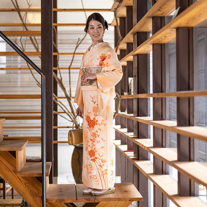 レンタル フルセット 高級正絹 訪問着 HO-MI227 洒落柿色 牡丹・菊