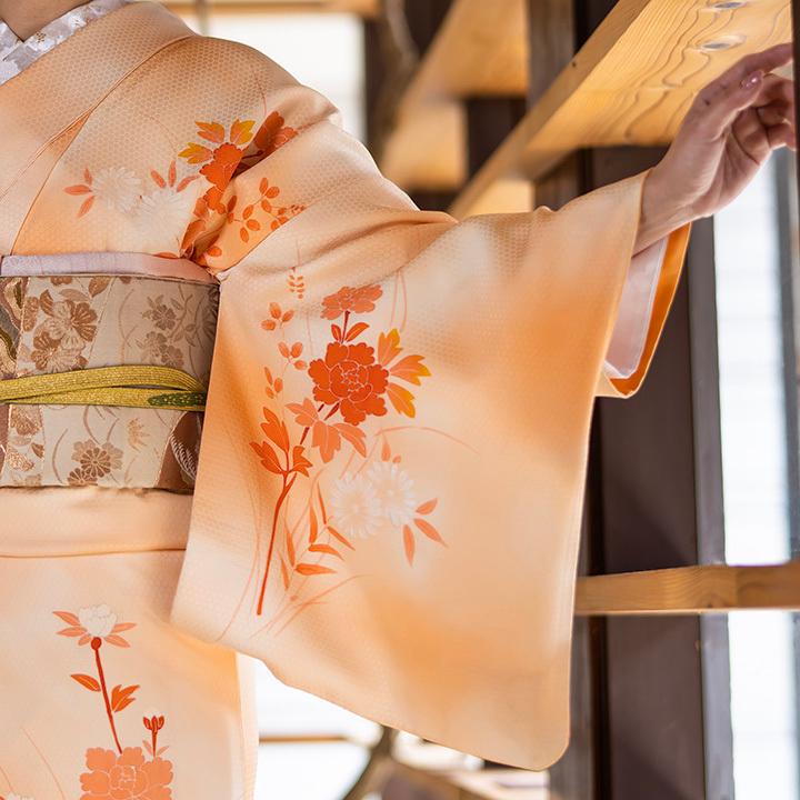 レンタル フルセット 高級正絹 訪問着 HO-MI227 洒落柿色 牡丹・菊