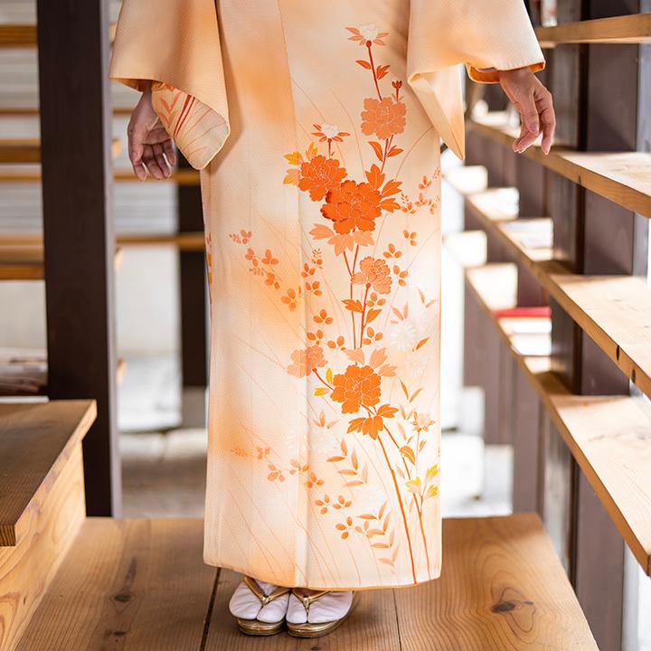 レンタル フルセット 高級正絹 訪問着 HO-MI227 洒落柿色 牡丹・菊