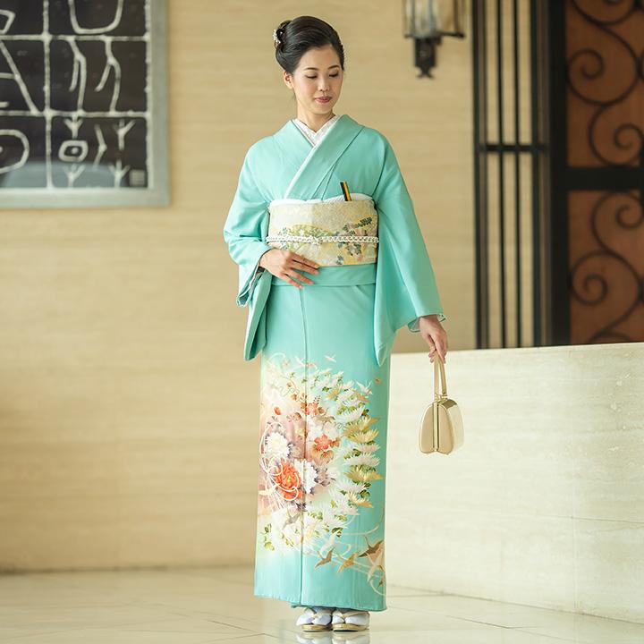 高級 色留袖レンタル 送料無料 ITS-FU321 正絹 新橋色 牡丹・菊・鶴