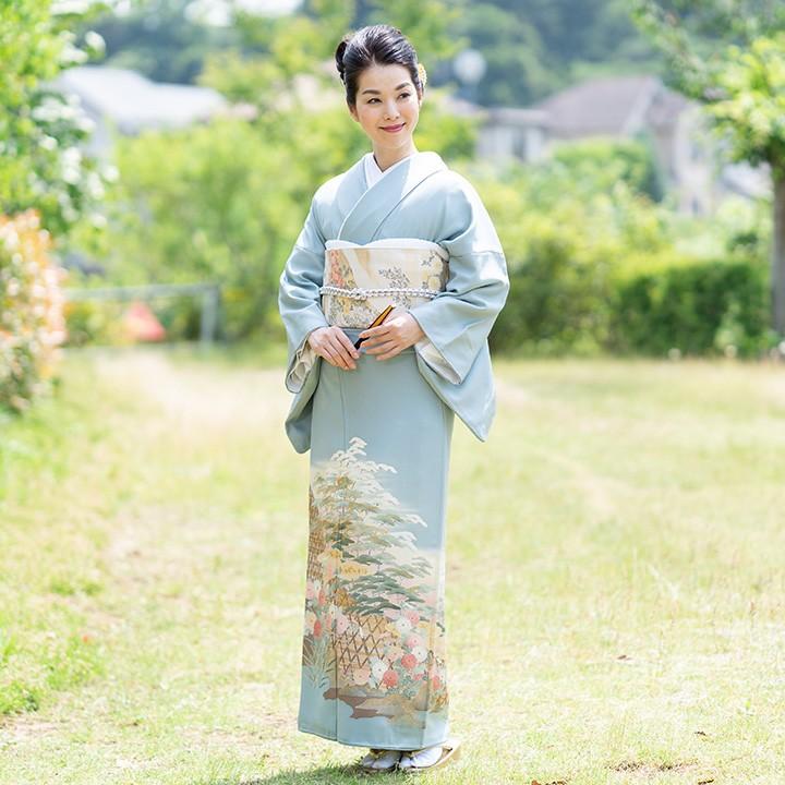 高級 色留袖レンタル 送料無料 ITS-MI006 正絹 淡水色 松・菊 結婚式