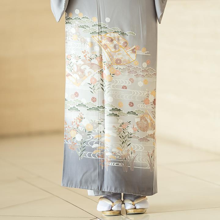 高級 色留袖レンタル 送料無料 ITS-MI086 正絹 薄墨色 松 菊 結婚式 貸