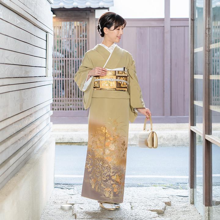 高級 色留袖レンタル 送料無料 ITS-MI207 正絹 黄海松茶色 金彩・牡丹