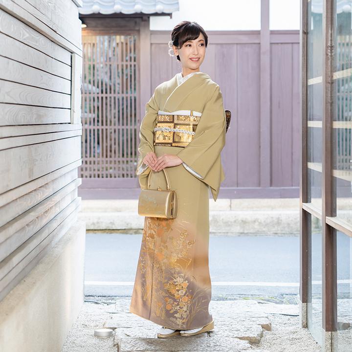 高級 色留袖レンタル 送料無料 ITS-MI207 正絹 黄海松茶色 金彩・牡丹