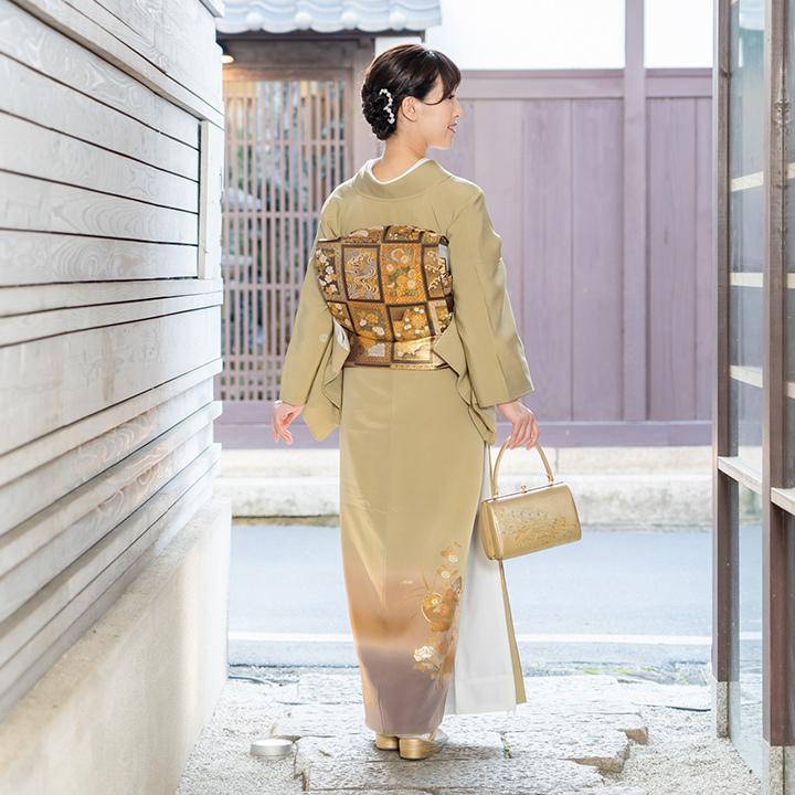 高級 色留袖レンタル 送料無料 ITS-MI207 正絹 黄海松茶色 金彩・牡丹