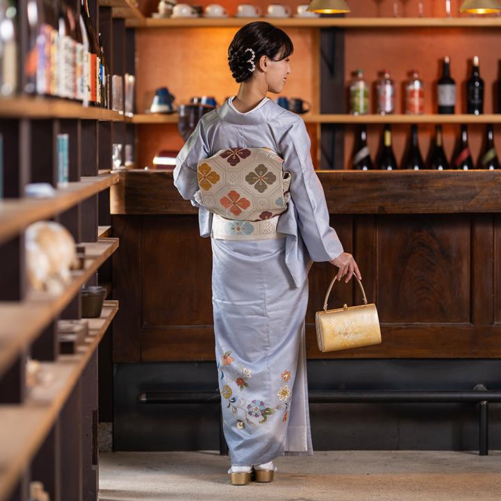 訪問着　フルセット　宝尽くし　鹿の子絞り風　松皮菱　パールトーン　色留袖　L2 高級 色留袖レンタル 送料無料 ITS-MI216 正絹 錫色 唐草文様