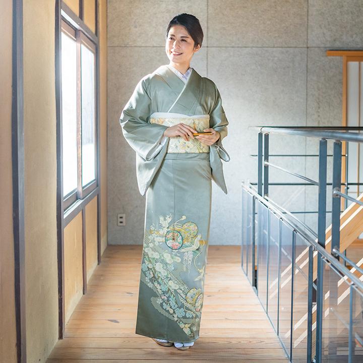 高級 色留袖レンタル 送料無料 ITS-MI217 正絹 利久鼠色 鼓・鶴 結婚式