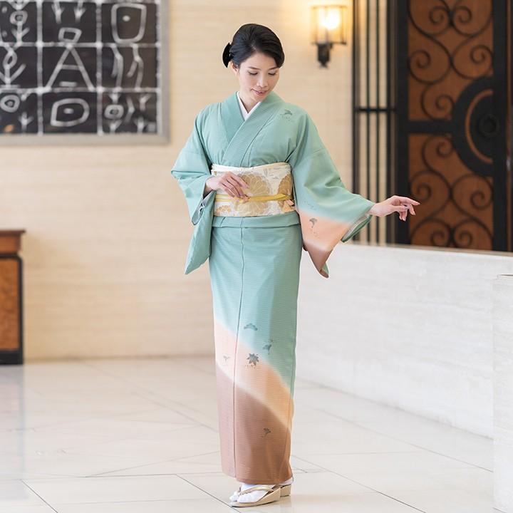 レンタル 夏用 絽 訪問着 フルセット 高級 ROHO-066 翡翠色 銀杏と松 結婚式列席 絽着物 夏 式典着物レンタル 夏お茶会着物 6月 ...