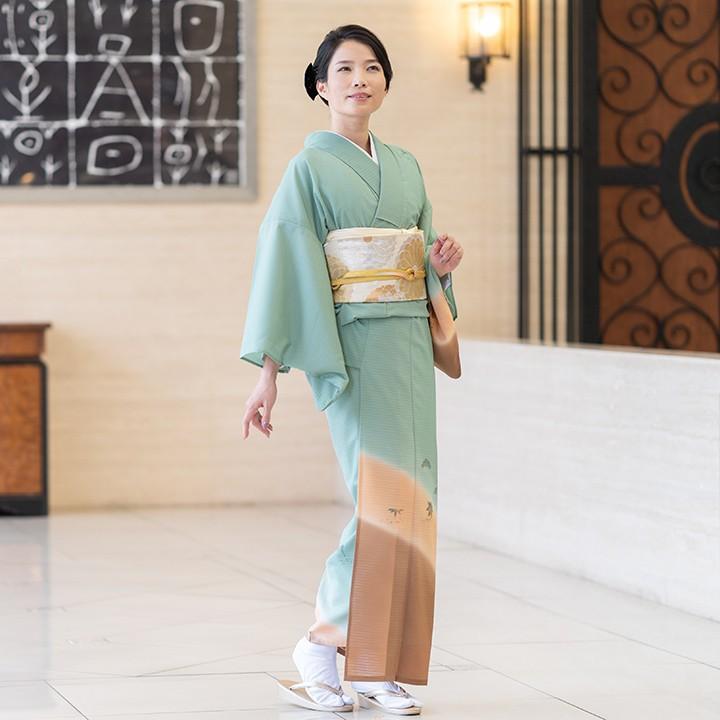 レンタル 夏用 絽 訪問着 フルセット 高級 ROHO-066 翡翠色 銀杏と松 結婚式列席 絽着物 夏 式典着物レンタル 夏お茶会着物 6月 ...