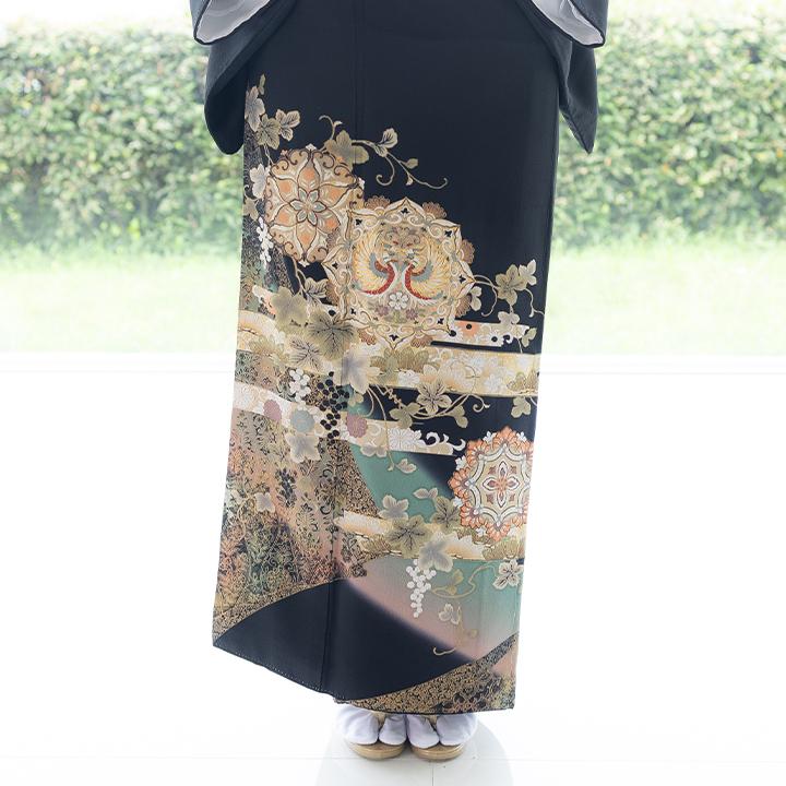 ■S079■落款　正絹　黒留袖 10点セット■まとめ売り　美品～やや汚れ有り レンタル留袖 フルセット 高級正絹 留袖 レンタル 正倉院文様 TS-MI104