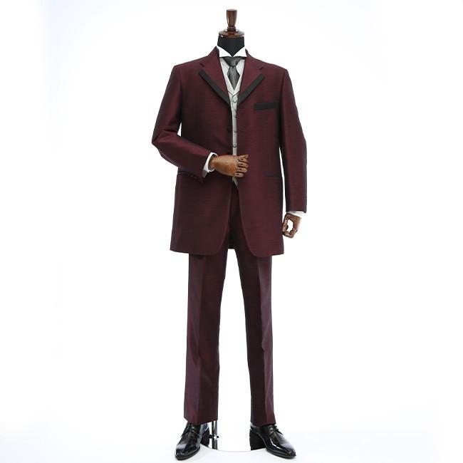 【レッド】タキシード　新郎セット　SUIT SELECT ウェディング 真新しい赤新郎タキシード黒ピークラペル花婿の付添人メンズ