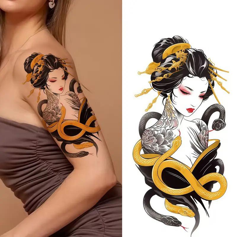タトゥーシール 芸者 花魁 蛇 腕 和柄 耐久性あり 1枚 約 11.4cm×21cm