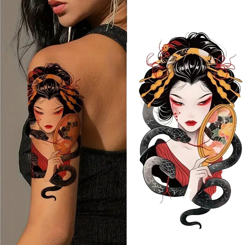 タトゥーシール 芸者 (2) 花魁 蛇 腕 和柄 耐久性あり 1枚 約 11.4cm