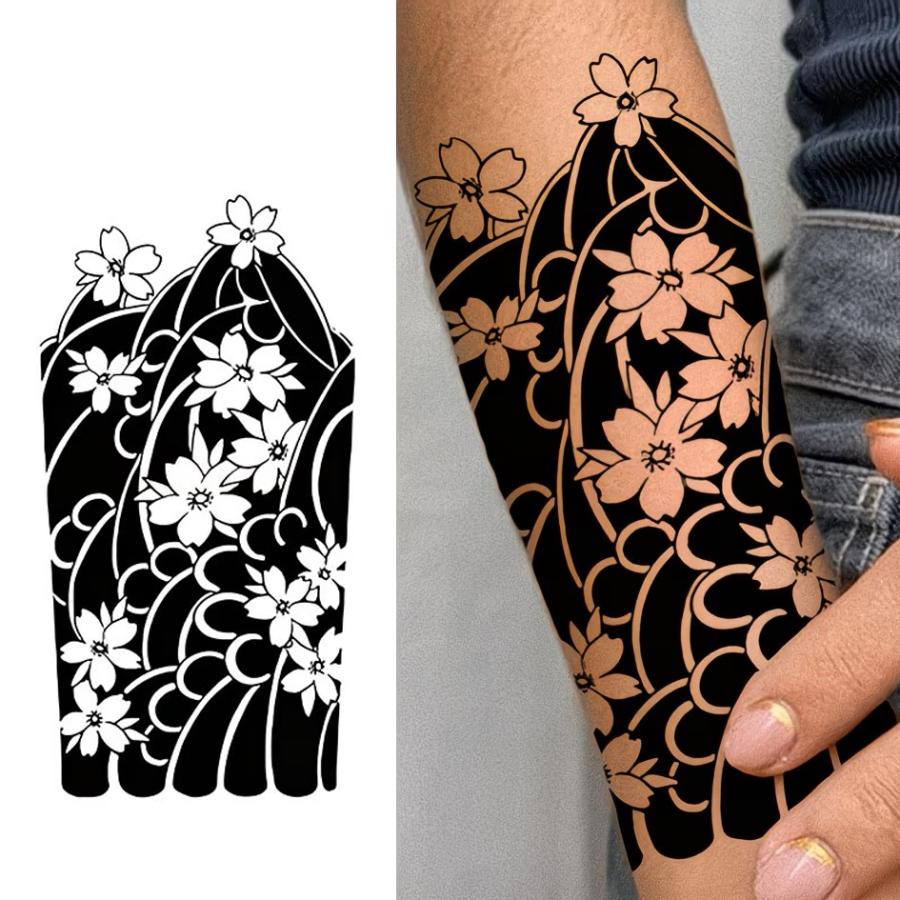タトゥーシール 桜 波 刺青シール 和柄 フェイクタトゥー 約 18cm×10cm