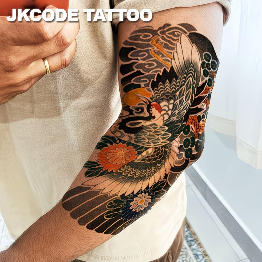 タトゥーシール 鶴 刺青シール 和柄 フェイクタトゥー 約 23cm×15.5cm