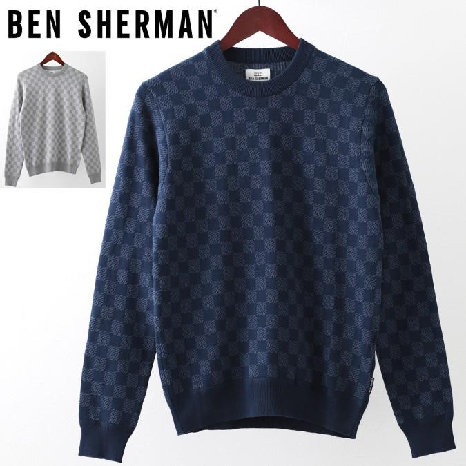 ベンシャーマン メンズ セーター Ben Sherman ギンガム アブストラクト 2色 シルバーグレー ダークブルー プレゼント ギフト