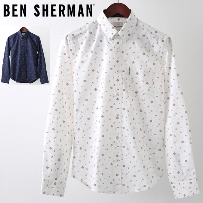ベンシャーマン メンズ 長袖シャツ Ben Sherman 花柄シャツ フローラル ローズ 2色 オフホワイト ネイビー レギュラーフィット