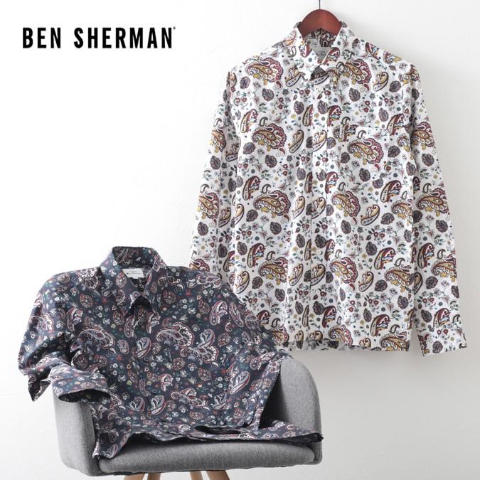 いいスタイル ベンシャーマン メンズ 長袖シャツ ペイズリー マルチ Ben Sherman 2色 ダークネイビー エクルー レギュラーフィット 長袖