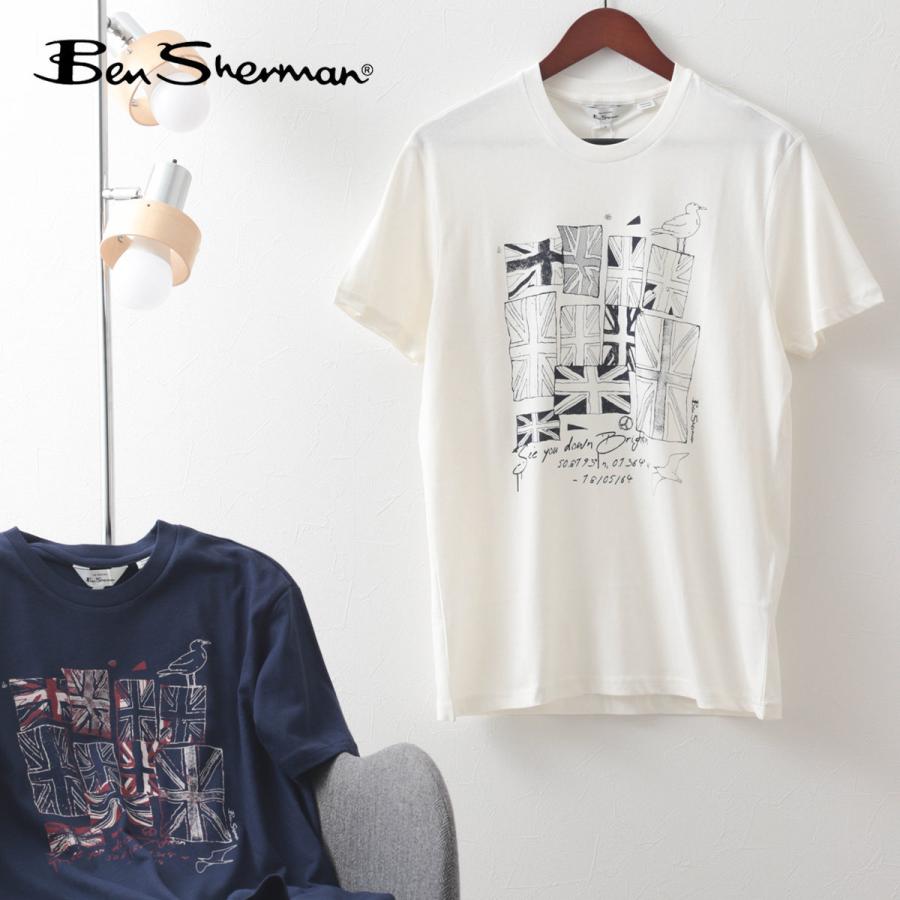 在庫あり Ben Sherman メンズ Tシャツ ブライトンフラッグプリント 2色 アイボリー マリン オーガニックコットン レギュラーフィット イギリス 国旗 手書き風イラスト Democracia Tv